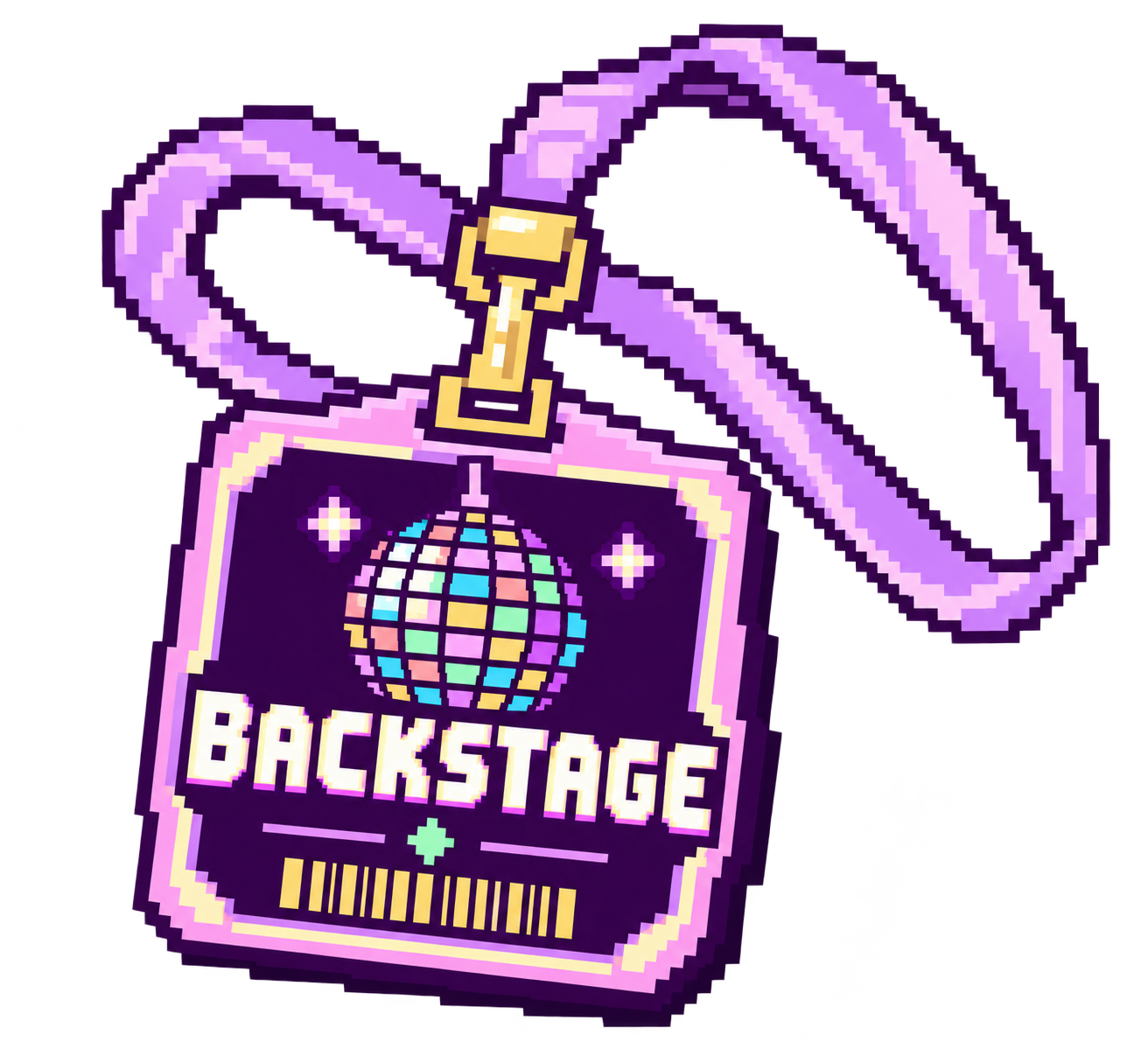 Backstage-pass med lila band i pixelstil